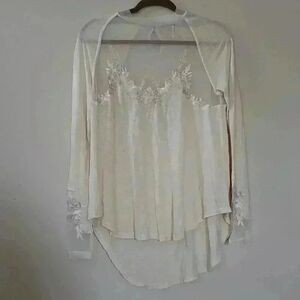 Free People Sheer Lace Button Neck Long Sleeve Top Size XS Extra Small